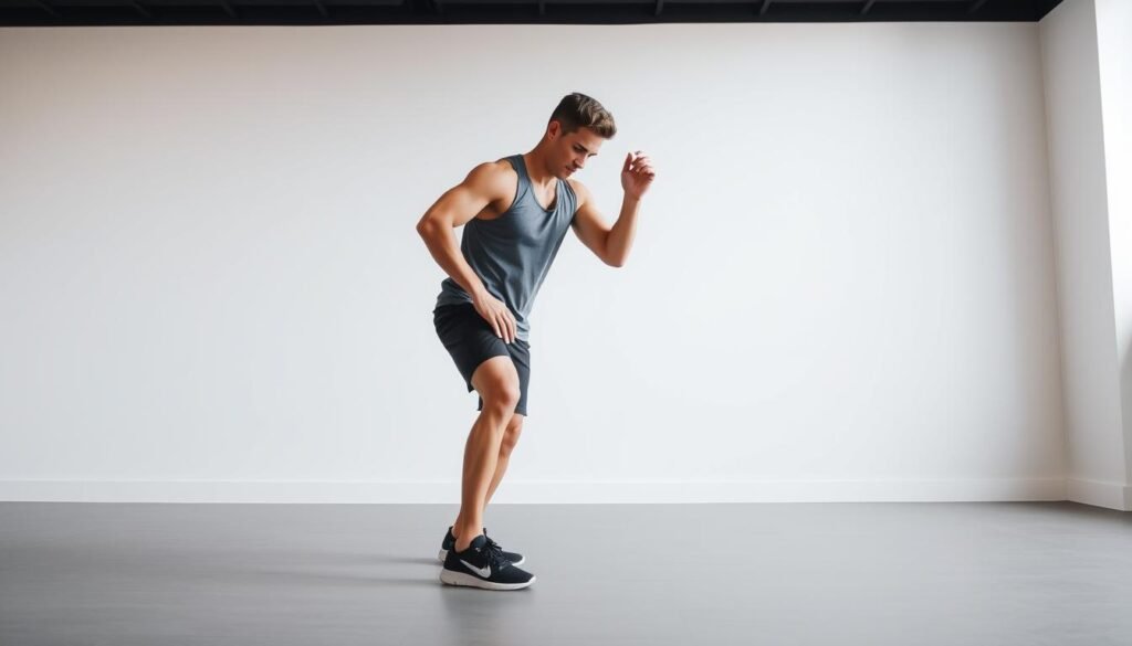Person demonstrating dynamic movement sequence for knee joint pain relief Person demonstrating dynamic movement sequence for knee joint pain relief