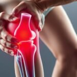 Person holding knee experiencing joint pain with anatomical overlay showing affected joint areas