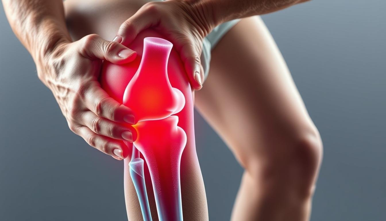 Person holding knee experiencing joint pain with anatomical overlay showing affected joint areas