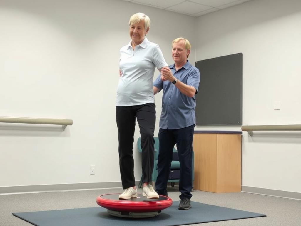 Person performing proprioceptive training exercise for joint stability Person performing proprioceptive training exercise for joint stability